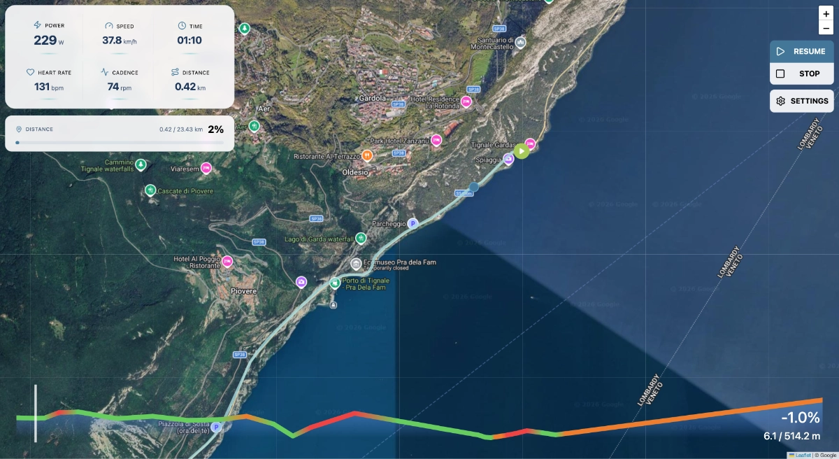 WATTaRIDE activity screen showing live stats and map